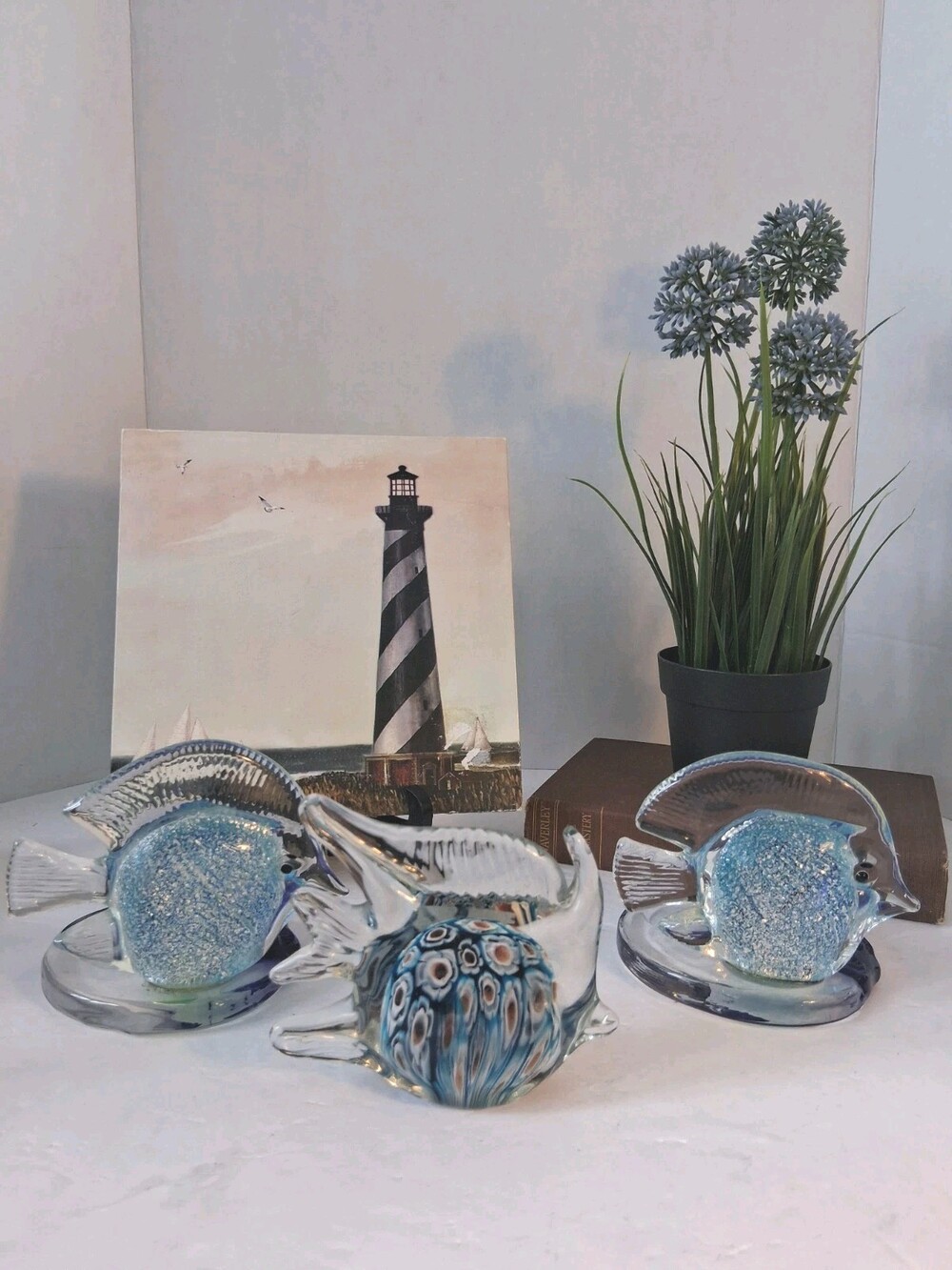 Vintage PartyLite Hand Blown Glass Fish Tealight Candle Holders Pair
